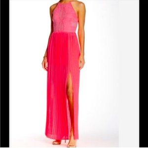 Lush neon pink pleated maxi, with lace top. Size small. NEW WITH TAGS.